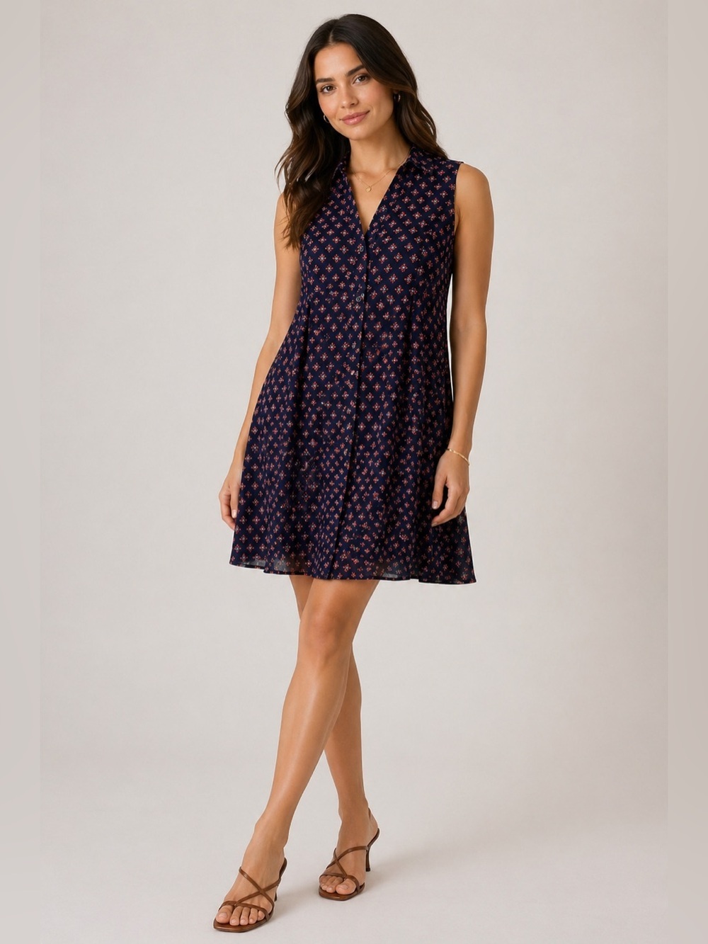 Entro‎ Geometric Navy & Red Sleeveless Collared Mini/Knee Dress Cottagecore